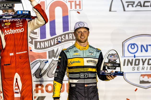 June 7, 2026, Madison, Illinois, USA: IndyCar, Indy Car, IRL, USA SERIES driver, CHRISTIAN RASMUSSEN (21) (DNK) of Copenhagen, Denmark, finishes in 3rd place at the Bommarito Automotive Group 500 at World Wide Technology Raceway in MADISON, Illinois. Madison USA - ZUMAa161 20260607_aaa_a161_028 Copyright: xStevexScaglione GMGx