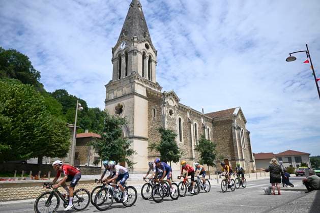 Tour Auvergne - Rhone-Alpes 2026 Stage 2 LE PUY-EN-VELAY, FRANCE - JUNE 08 : Charmig Anthon (DEN) of UNO-X Mobility, Garcia Pierna Raul (ESP) of Movistar Team, Van Mechelen Vlad (BEL) of Bahrain - Victorious, Veistroffer Baptiste (FRA) of Lotto Intermarche, Jegat Jordan (FRA) of TotalEnergies, Diaz Alex (ESP) of Caja Rural - Seguros RGA, Raisberg Nadav (ISR) of NSN Cycling Team, Thomas Benjamin (FRA) of Cofidis, Braz Afonso Clement (FRA) of Groupama - FDJ United, Renard-Haquin Henri-Francois (FRA) of Team Picnic PostNL during stage 2 of the 78th edition of Tour Auvergne - Rhone-Alpes an UCI World Tour 2.UWT cycling road race stage for Men Elite of 234.3 km with start in Saint-Martin-Le-Vinoux and finish in Le Puy-en-Velay on June 8, 2026 in Le Puy-en-Velay, France, 08 06 2026 ( Motordriver Guy De Vuyst - Le Puy-en-Velay France Copyright: xVincentxKalutx