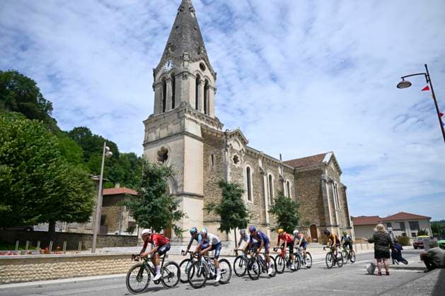 Tour Auvergne - Rhone-Alpes 2026 Stage 2 LE PUY-EN-VELAY, FRANCE - JUNE 08 : Charmig Anthon (DEN) of UNO-X Mobility, Garcia Pierna Raul (ESP) of Movistar Team, Van Mechelen Vlad (BEL) of Bahrain - Victorious, Veistroffer Baptiste (FRA) of Lotto Intermarche, Jegat Jordan (FRA) of TotalEnergies, Diaz Alex (ESP) of Caja Rural - Seguros RGA, Raisberg Nadav (ISR) of NSN Cycling Team, Thomas Benjamin (FRA) of Cofidis, Braz Afonso Clement (FRA) of Groupama - FDJ United, Renard-Haquin Henri-Francois (FRA) of Team Picnic PostNL during stage 2 of the 78th edition of Tour Auvergne - Rhone-Alpes an UCI World Tour 2.UWT cycling road race stage for Men Elite of 234.3 km with start in Saint-Martin-Le-Vinoux and finish in Le Puy-en-Velay on June 8, 2026 in Le Puy-en-Velay, France, 08 06 2026 ( Motordriver Guy De Vuyst - Le Puy-en-Velay France Copyright: xVincentxKalutx