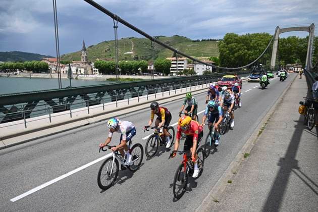 Tour Auvergne - Rhone-Alpes 2026 Stage 2 LE PUY-EN-VELAY, FRANCE - JUNE 08 : Charmig Anthon (DEN) of UNO-X Mobility, Garcia Pierna Raul (ESP) of Movistar Team, Van Mechelen Vlad (BEL) of Bahrain - Victorious, Veistroffer Baptiste (FRA) of Lotto Intermarche, Jegat Jordan (FRA) of TotalEnergies, Diaz Alex (ESP) of Caja Rural - Seguros RGA, Raisberg Nadav (ISR) of NSN Cycling Team, Thomas Benjamin (FRA) of Cofidis, Braz Afonso Clement (FRA) of Groupama - FDJ United, Renard-Haquin Henri-Francois (FRA) of Team Picnic PostNL during stage 2 of the 78th edition of Tour Auvergne - Rhone-Alpes an UCI World Tour 2.UWT cycling road race stage for Men Elite of 234.3 km with start in Saint-Martin-Le-Vinoux and finish in Le Puy-en-Velay on June 8, 2026 in Le Puy-en-Velay, France, 08 06 2026 ( Motordriver Guy De Vuyst - Le Puy-en-Velay France Copyright: xVincentxKalutx