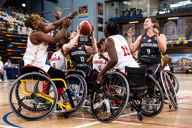 GUADALAJARA, SPAIN - JUNE 08: Annika Sonnleitner (Germany, 12) trying to shoot the ball against Angelica Costa (Angola, 14), Maria Martelo (Angola, 6), Rita Manuel (Angola, 5) and Lucia Kiala (Angola, 11) during the 2026 IWBF Women™s Repechage match between Angola vs. Germany at Palacio Multiusos de Guadalajara on June 08, 2026 in Guadalajara, Spain. Spain Copyright: xSteffiexWunderlx