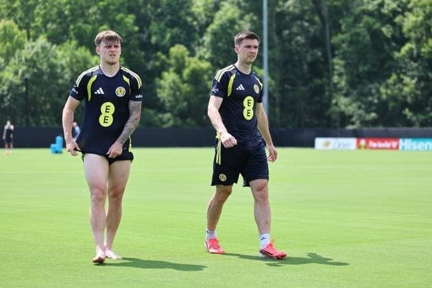 Ben Gannon-Doak of Scotland and Kieran Tierney of Scotland Scotland Training Session and press conference, PK, Pressekonferenz 2026 FIFA World Cup, WM, Weltmeisterschaft, Fussball Football, Atrium Health Performance Park, Charlotte, USA - 08 Jun 2026Charlotte Atrium Health Performance Park United States of America EDITORIAL USE ONLY No use with unauthorised audio, video, data, fixture lists, club league logos or live services. Online in-match use limited to 120 images, no video emulation. No use in betting, games or single club league player publications. Copyright: xMichaelxZemanek Shutterstockx 16917216dp