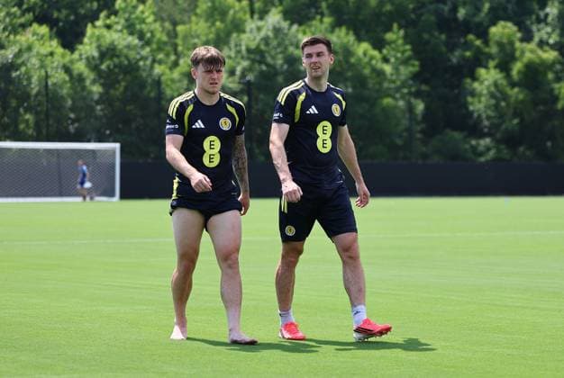 Ben Gannon-Doak of Scotland and Kieran Tierney of Scotland Scotland Training Session and press conference, PK, Pressekonferenz 2026 FIFA World Cup, WM, Weltmeisterschaft, Fussball Football, Atrium Health Performance Park, Charlotte, USA - 08 Jun 2026Charlotte Atrium Health Performance Park United States of America EDITORIAL USE ONLY No use with unauthorised audio, video, data, fixture lists, club league logos or live services. Online in-match use limited to 120 images, no video emulation. No use in betting, games or single club league player publications. Copyright: xMichaelxZemanek Shutterstockx 16917216dq