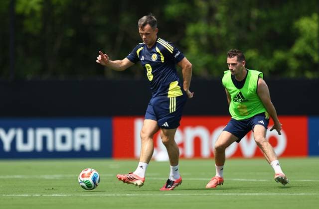 Lawrence Shankland of Scotland and Kenny McLean of Scotland Scotland Training Session and press conference, PK, Pressekonferenz 2026 FIFA World Cup, WM, Weltmeisterschaft, Fussball Football, Atrium Health Performance Park, Charlotte, USA - 08 Jun 2026Charlotte Atrium Health Performance Park United States of America EDITORIAL USE ONLY No use with unauthorised audio, video, data, fixture lists, club league logos or live services. Online in-match use limited to 120 images, no video emulation. No use in betting, games or single club league player publications. Copyright: xMichaelxZemanek Shutterstockx 16917216fa