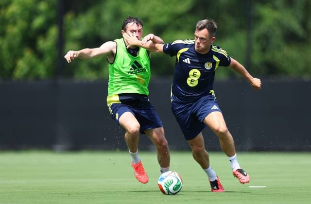 Lawrence Shankland of Scotland and John Souttar of Scotland Scotland Training Session and press conference, PK, Pressekonferenz 2026 FIFA World Cup, WM, Weltmeisterschaft, Fussball Football, Atrium Health Performance Park, Charlotte, USA - 08 Jun 2026Charlotte Atrium Health Performance Park United States of America EDITORIAL USE ONLY No use with unauthorised audio, video, data, fixture lists, club league logos or live services. Online in-match use limited to 120 images, no video emulation. No use in betting, games or single club league player publications. Copyright: xMichaelxZemanek Shutterstockx 16917216fc