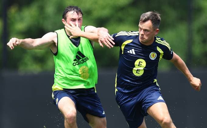 Lawrence Shankland of Scotland and John Souttar of Scotland Scotland Training Session and press conference, PK, Pressekonferenz 2026 FIFA World Cup, WM, Weltmeisterschaft, Fussball Football, Atrium Health Performance Park, Charlotte, USA - 08 Jun 2026Charlotte Atrium Health Performance Park United States of America EDITORIAL USE ONLY No use with unauthorised audio, video, data, fixture lists, club league logos or live services. Online in-match use limited to 120 images, no video emulation. No use in betting, games or single club league player publications. Copyright: xMichaelxZemanek Shutterstockx 16917216fd