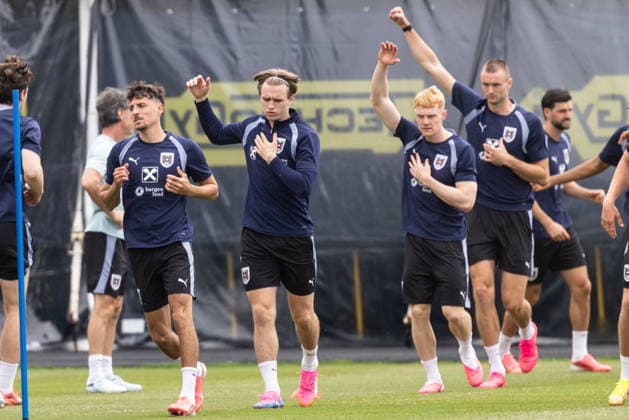 SOCCER - FIFA World Cup, WM, Weltmeisterschaft, Fussball 2026, preview SANTA BARBARA,CALIFORNIA,USA,08.JUN.26 - SOCCER - FIFA World Cup 2026, USA, Mexico, Canada, preview, OEFB, Oesterreichischer Fussball-Bund, training team AUT. Image shows Alessandro Schoepf, Patrick Wimmer, Nicolas Seiwald and Sasa Kalajdzic (AUT). GEPAxpictures xArminxRauthner