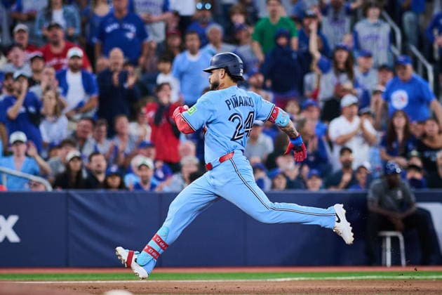 June 8, 2026, Toronto, On, Canada: Toronto Blue Jays Yohendrick Pinango (24) advances to third on a fielding error during sixth inning MLB, Baseball Herren, USA baseball action against the Philadelphia Phillies, in Toronto, on Monday, June 8, 2026. Canada News - June 8, 2026 - ZUMAc35_ 20260608_zaf_c35_262 Copyright: xSammyxKoganx