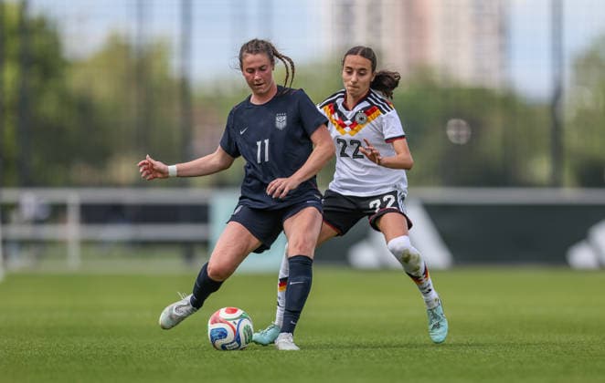 GER, Frankfurt, Germany U19 vs USA U19 friendly match, Football, DFB, Season 2025 2026, DFB Campus, second match in picture from l Olivia Stafford USA U19 Women 11 , Emma Memminger Germany U19 Women 22 , duel DFB DFL REGULATIONS PROHIBIT ANY USE OF PHOTOGRAPHS AS IMAGE SEQUENCES AND OR QUASI VIDEO, 09 06 2026 Copyright: HMBxMedia HendrikxHamelau