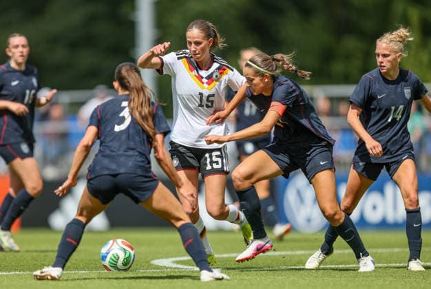GER, Frankfurt, Germany U19 vs USA U19 friendly, Football, DFB, Season 2025 2026, DFB Campus, second game in picture from l Maj Schneider Germany U19 Women 15 , Pearl Cecil USA U19 Women 5 , duel DFB DFL REGULATIONS PROHIBIT ANY USE OF PHOTOGRAPHS AS IMAGE SEQUENCES AND OR QUASI VIDEO, 09 06 2026 Copyright: HMBxMedia HendrikxHamelau