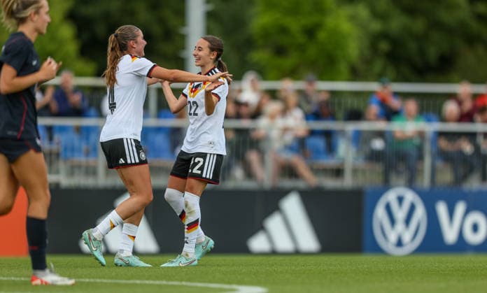GER, Frankfurt, Germany U19 vs USA U19 friendly match, Football, DFB, 2025 2026 season, DFB Campus, second game in picture Lina Szaraz Germany U19 Women 4 scores the 1 0 against the USA, goal, jubilation and joy with Emma Memminger Germany U19 Women 22 DFB DFL REGULATIONS PROHIBIT ANY USE OF PHOTOGRAPHS AS IMAGE SEQUENCES AND OR QUASI VIDEO, 09 06 2026 Copyright: HMBxMedia HendrikxHamelau
