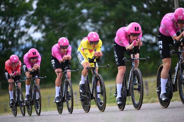 Tour Auvergne - Rhone-Alpes 2026 Stage 3 PERREUX, FRANCE - JUNE 09 : Healy Ben (IRL) of EF Education - Easypost, Baudin Alex (FRA) of EF Education - Easypost, Leonard Michael (CAN) of EF Education - Easypost, Mackellar Alastair (AUS) of EF Education - Easypost, Quinn Sean (USA) of EF Education - Easypost, Steinhauser Georg (GER) of EF Education - Easypost, Walker Max (GBR) of EF Education - Easypost during stage 3 of the 78th edition of Tour Auvergne - Rhone-Alpes an UCI World Tour 2.UWT Team Time Trial stage for Men Elite of 28.4 km with start in Perreux and finish in Perreux on June 9, 2026 in Perreux, France, 09 06 2026 ( Motordriver Guy De Vuyst - Perreux France Copyright: xVincentxKalutx