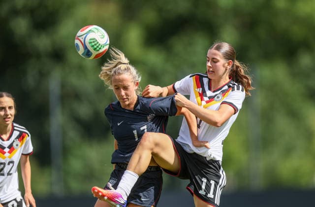 GER, Frankfurt, Germany U19 vs USA U19 friendly match, Football, DFB, Season 2025 2026, DFB Campus, second match in picture from l Kylie Maxwell USA U19 Women 17 , Leni Marie Eggert Germany U19 Women 11 , duel DFB DFL REGULATIONS PROHIBIT ANY USE OF PHOTOGRAPHS AS IMAGE SEQUENCES AND OR QUASI VIDEO, 09 06 2026 Copyright: HMBxMedia HendrikxHamelau