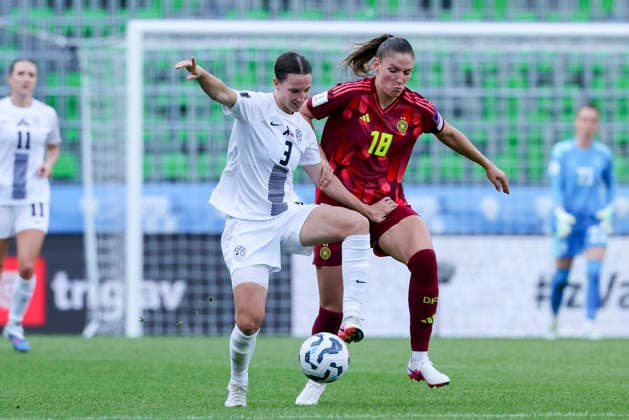 Sara Agrez Slovenia and Melissa Koessler Germany battle for the ball, FIFA Women s World Cup 2027 Qualifier, Slovenia v Germany, Stadion Stozice on June 09, 2026 in Ljubljana, Slovenia Photo by Marco Steinbrenner DeFodi Images Sara Agrez Slovenia and Melissa Koessler Germany battle for the ball, FIFA Women s World Cup 2027 Qualifier, Slovenia v Germany, Stadion Stozice, June 9, 2026 in Ljubljana, Slovenia Photo by Marco Steinbrenner DeFodi Images