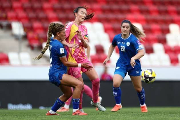 Itaf Alkisi of Israel Women and Caroline Weir of Scotland Women Israel Women v Scotland Women, FIFA 2027 Women s World Cup Qualifying, Football, Bozsnik Arena, Budapest, Hungary - 09 Jun 2026Budapest Bozsnik Arena Hungary EDITORIAL USE ONLY No use with unauthorised audio, video, data, fixture lists, club league logos or live services. Online in-match use limited to 120 images, no video emulation. No use in betting, games or single club league player publications. Copyright: xNikolaxKrstic Shutterstockx 16911191ar