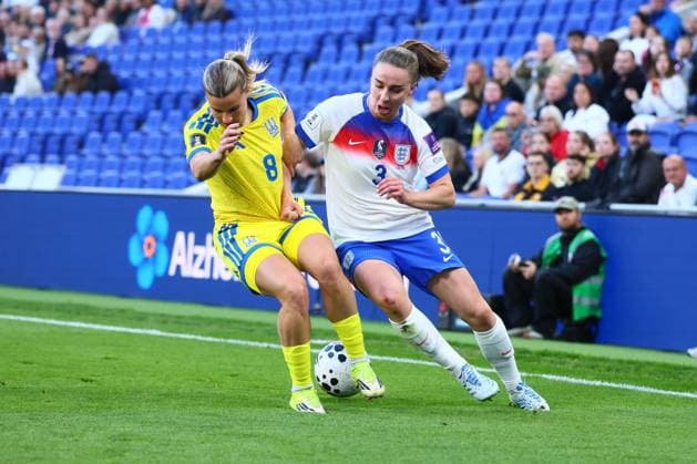Marina Shayniuk of Ukraine and Niamh Charles of England England Women v Ukraine Women, FIFA 2027 Women s World Cup Qualifying, Football, Hill Dickinson Stadium, Liverpool, UK - 09 Jun 2026Liverpool Hill Dickinson Stadium United Kingdom EDITORIAL USE ONLY No use with unauthorised audio, video, data, fixture lists, club league logos or live services. Online in-match use limited to 120 images, no video emulation. No use in betting, games or single club league player publications. Copyright: xPaulxCurrie Shutterstockx 16919205am