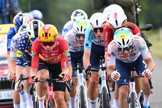 Tour Auvergne - Rhone-Alpes 2026 Stage 4 MONTROND-LES-BAINS, FRANCE - JUNE 10 : Simmons Quinn (USA) of Lidl - Trek, Fisher-Black Finn (NZL) of Red Bull - BORA - Hansgrohe, Kron Andreas (DEN) of UNO-X Mobility, Castrillo Pablo (ESP) of Movistar Team, Garcia Pierna Raul (ESP) of Movistar Team, Craps Lars (BEL) of Lotto Intermarche, Jegat Jordan (FRA) of TotalEnergies, Vercher Matteo (FRA) of TotalEnergies, Castellon Jan (ESP) of Caja Rural - Seguros RGA, Frigo Marco (ITA) of NSN Cycling Team during stage 4 of the 78th edition of Tour Auvergne - Rhone-Alpes an UCI World Tour 2.UWT cycling road race stage for Men Elite of 167.4 km with start in Le Puy-en-Velay and finish in Montrond-les-Bains on June 10, 2026 in Montrond-les-Bains, France, 10 06 2026 ( Motordriver Guy De Vuyst - Montrond-les-Bains France Copyright: xVincentxKalutx
