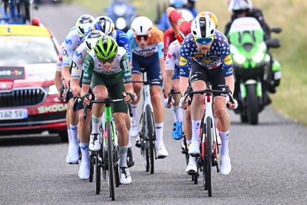 Tour Auvergne - Rhone-Alpes 2026 Stage 4 MONTROND-LES-BAINS, FRANCE - JUNE 10 : Simmons Quinn (USA) of Lidl - Trek, Fisher-Black Finn (NZL) of Red Bull - BORA - Hansgrohe, Kron Andreas (DEN) of UNO-X Mobility, Castrillo Pablo (ESP) of Movistar Team, Garcia Pierna Raul (ESP) of Movistar Team, Craps Lars (BEL) of Lotto Intermarche, Jegat Jordan (FRA) of TotalEnergies, Vercher Matteo (FRA) of TotalEnergies, Castellon Jan (ESP) of Caja Rural - Seguros RGA, Frigo Marco (ITA) of NSN Cycling Team during stage 4 of the 78th edition of Tour Auvergne - Rhone-Alpes an UCI World Tour 2.UWT cycling road race stage for Men Elite of 167.4 km with start in Le Puy-en-Velay and finish in Montrond-les-Bains on June 10, 2026 in Montrond-les-Bains, France, 10 06 2026 ( Motordriver Guy De Vuyst - Montrond-les-Bains France Copyright: xVincentxKalutx