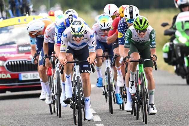 Tour Auvergne - Rhone-Alpes 2026 Stage 4 MONTROND-LES-BAINS, FRANCE - JUNE 10 : Simmons Quinn (USA) of Lidl - Trek, Fisher-Black Finn (NZL) of Red Bull - BORA - Hansgrohe, Kron Andreas (DEN) of UNO-X Mobility, Castrillo Pablo (ESP) of Movistar Team, Garcia Pierna Raul (ESP) of Movistar Team, Craps Lars (BEL) of Lotto Intermarche, Jegat Jordan (FRA) of TotalEnergies, Vercher Matteo (FRA) of TotalEnergies, Castellon Jan (ESP) of Caja Rural - Seguros RGA, Frigo Marco (ITA) of NSN Cycling Team during stage 4 of the 78th edition of Tour Auvergne - Rhone-Alpes an UCI World Tour 2.UWT cycling road race stage for Men Elite of 167.4 km with start in Le Puy-en-Velay and finish in Montrond-les-Bains on June 10, 2026 in Montrond-les-Bains, France, 10 06 2026 ( Motordriver Guy De Vuyst - Montrond-les-Bains France Copyright: xVincentxKalutx