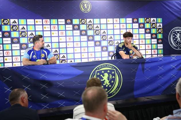 Aaron Hickey of Scotland Scotland Training Session and press conference, PK, Pressekonferenz 2026 FIFA World Cup, WM, Weltmeisterschaft, Fussball Football, Atrium Health Performance Park, Charlotte, USA - 10 Jun 2026Charlotte Atrium Health Performance Park United States of America EDITORIAL USE ONLY No use with unauthorised audio, video, data, fixture lists, club league logos or live services. Online in-match use limited to 120 images, no video emulation. No use in betting, games or single club league player publications. Copyright: xMichaelxZemanek Shutterstockx 16919987co