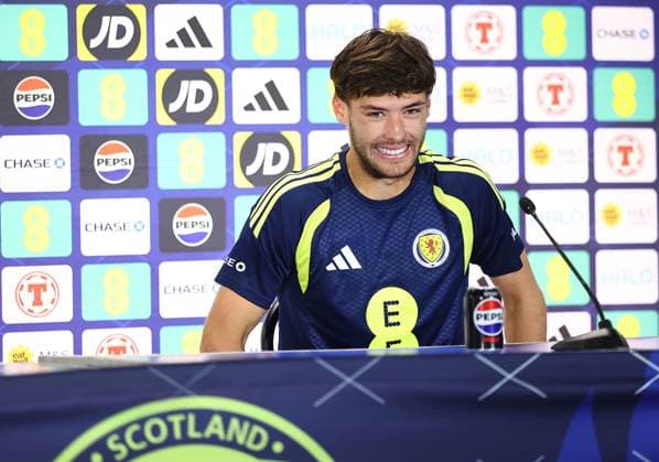 Aaron Hickey of Scotland Scotland Training Session and press conference, PK, Pressekonferenz 2026 FIFA World Cup, WM, Weltmeisterschaft, Fussball Football, Atrium Health Performance Park, Charlotte, USA - 10 Jun 2026Charlotte Atrium Health Performance Park United States of America EDITORIAL USE ONLY No use with unauthorised audio, video, data, fixture lists, club league logos or live services. Online in-match use limited to 120 images, no video emulation. No use in betting, games or single club league player publications. Copyright: xMichaelxZemanek Shutterstockx 16919987cr