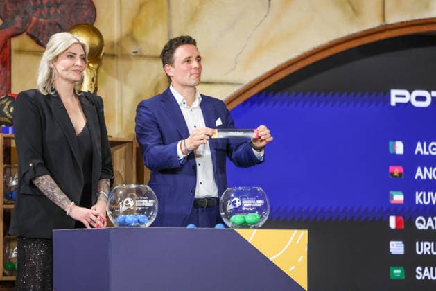Draw by Anja Althaus, former handball player, and Pascal Jenny, IHF Executive Board, draw Uruguay into German Group A, GER, Draw for the 2027 IHF Mens Handball World Championship, 10 06 2026, GER, Draw for the 2027 IHF Mens Handball World Championship, 10 06 2026 Munich Copyright: xEibner-Pressefoto JennixMaulx EP_JML
