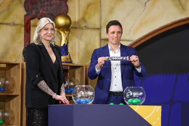 Draw by Anja Althaus, former handball player, and Pascal Jenny, IHF Executive Board, draw Uruguay into German Group A, GER, Draw for the 2027 IHF Mens Handball World Championship, 10 06 2026, GER, Draw for the 2027 IHF Mens Handball World Championship, 10 06 2026 Munich Copyright: xEibner-Pressefoto JennixMaulx EP_JML