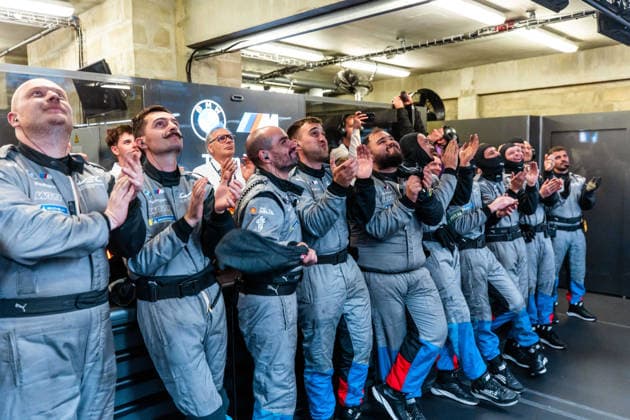 24 HEURES DU MANS 2026 - FREE PRACTICE AND QUALIFIYING SESSION 15 MAGNUSSEN Kevin (dnk), MARCIELLO Raffaele (swi), VANTHOOR Dries (bel), BMW M Team WRT, BMW M Hybrid V8 15, Hypercar, pole position, celebration, during the Free Practice and Qualifying session of the 24 Hours of Le Mans 2026, 3rd round of the 2026 FIA World Endurance Championship, from June 10 to 11, 2026 on the Circuit des 24 Heures du Mans in Le Mans, France - Copyright: xAndreaxLorenzinax