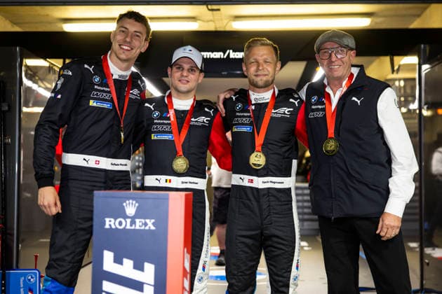 24 HEURES DU MANS 2026 - FREE PRACTICE AND QUALIFIYING SESSION 15 MAGNUSSEN Kevin (dnk), MARCIELLO Raffaele (swi), VANTHOOR Dries (bel), BMW M Team WRT, BMW M Hybrid V8 15, Hypercar, celebrating their pole position during the Free Practice and Qualifying session of the 24 Hours of Le Mans 2026, 3rd round of the 2026 FIA World Endurance Championship, from June 10 to 11, 2026 on the Circuit des 24 Heures du Mans in Le Mans, France - Le MansFrance Copyright: xJULIENxDELFOSSEx