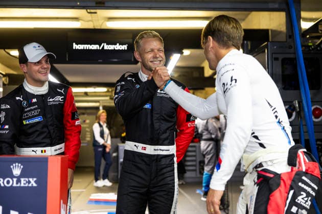 24 HEURES DU MANS 2026 - FREE PRACTICE AND QUALIFIYING SESSION 15 MAGNUSSEN Kevin (dnk), MARCIELLO Raffaele (swi), VANTHOOR Dries (bel), BMW M Team WRT, BMW M Hybrid V8 15, Hypercar, celebrating their pole position during the Free Practice and Qualifying session of the 24 Hours of Le Mans 2026, 3rd round of the 2026 FIA World Endurance Championship, from June 10 to 11, 2026 on the Circuit des 24 Heures du Mans in Le Mans, France - Le MansFrance Copyright: xJULIENxDELFOSSEx
