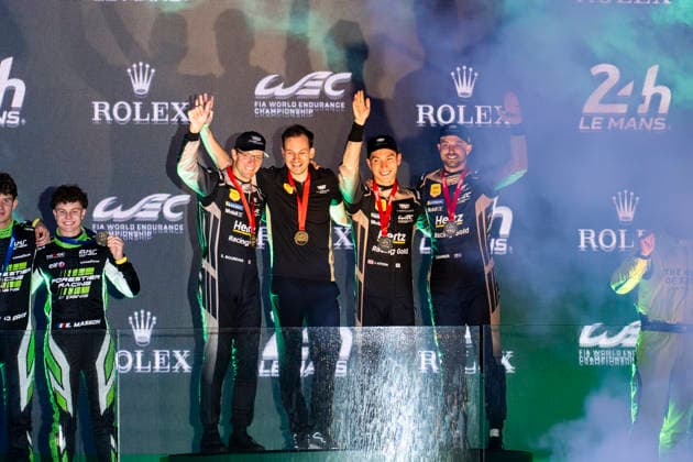 24 HEURES DU MANS 2026 - FREE PRACTICE AND QUALIFIYING SESSION 29 ROUSSET Louis (fra), MASSON Esteban (fra), GRAY Oliver (gbr), Forestier Racing by Panis, Oreca 07 Gibson 29, LMP2, 38 BOURDAIS SÃ bastien (fra), BAMBER Earl (nzl), AITKEN Jack (gbr), Cadillac Hertz Team Jota, Cadillac V-Series.R 38, Hypercar, 27 JAMES Ian (usa), ROBICHON Zacharie (can), DRUDI Mattia (ita), Heart of Racing Team, Aston Martin Vantage AMR LMGT3 27, LM GT3, portrait, celebrations during the Free Practice and Qualifying session of the 24 Hours of Le Mans 2026, 3rd round of the 2026 FIA World Endurance Championship, from June 10 to 11, 2026 on the Circuit des 24 Heures du Mans in Le Mans, France - Le MansFrance Copyright: xFabrizioxBoldonix