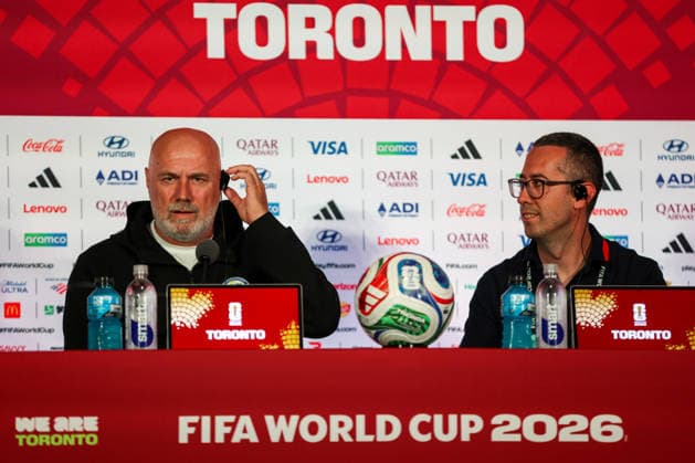 Bosnia and Herzegovina Training And press conference, PK, Pressekonferenz - FIFA World Cup, WM, Weltmeisterschaft, Fussball 2026 Bosnia and Herzegovina national team, Nationalteam head coach Sergej Barbarez adjusts his earpiece during a press conference in Toronto, Ontario, Canada, on June 11, 2026. Players, coaches, and officials meet with members of the media as preparations continue for the FIFA World Cup 2026 at Toronto Stadium. Toronto Canada Copyright: xIndrawanxKumalax originalFilename:kumala-notitle260611_npi4k.jpg