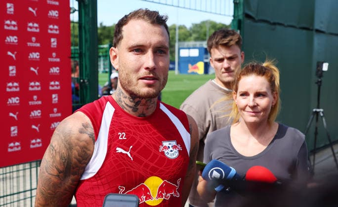 RB Leipzig Training, Bundesliga, Leipzig, August 25, 2026, Cottaweg Training Center, Soccer, Bundesliga, RB LEIPZIG Training, Preseason Preparation for the 2026–27 Season, Pictured: David Raum (22), RB Leipzig held a press conference after training, Picture Point