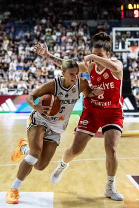 August 27, 2026, GER, Exhibition Game, 2026 FIBA Women’s Basketball World Cup, Cologne, Germany vs. Turkey; Alexandra Wilke (Germany), No. 3, in a one-on-one matchup against Ayse Cora Yamaner (Turkey), No. 8; Cologne, LANXESS arena, North Rhine-Westphalia, Germany