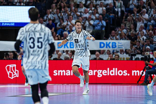 Goal celebration by Julian Köster, THW Kiel, August 7, 2026, THW Kiel vs. TBV Lemgo Lippe, Handball, 1st Bundesliga, Matchday 1, 2026–2027 Season, August 27, 2026, Germany, THW Kiel vs. TBV Lemgo Lippe, Handball, 1st Bundesliga, Matchday 1, 2026–2027 season, August 27, 2026, Kiel Copyright: xEibner-Pressefoto MarcelxvonxFehrnx EP_MFN