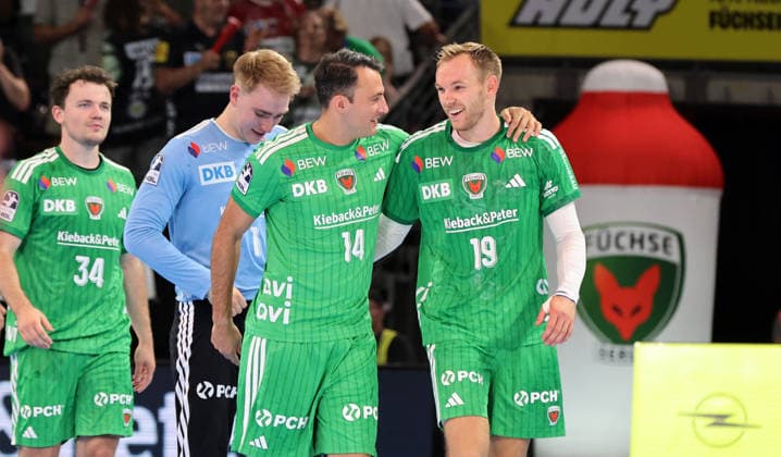 Goalkeeper Lasse Ludwig, Aitor Arino, Mathias Gidsel, the Füchse team celebrating after the game; joy, emotion, sports, handball, HBL Bundesliga Men s Division 1, Matchday, 2026–2027 season, August 27, 2026, Füchse Berlin vs. MT Melsungen