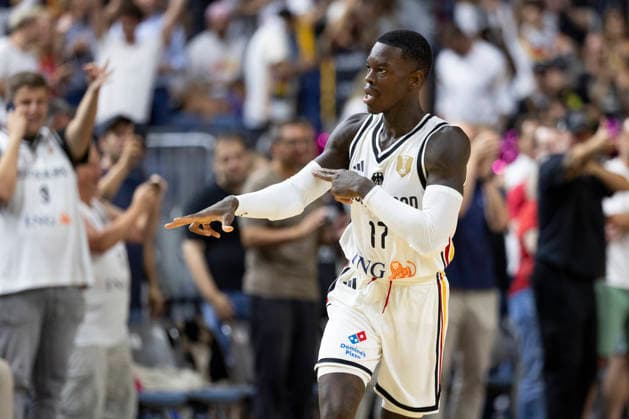 Dennis SCHROEDER SCHRÖDER GER, 17, celebrating a three-pointer, joy, laughter, gesture, still image, action, basketball international game, World Cup qualifier, Germany (GER) vs. Netherlands (NED), final score 99–83, FIBA Basketball World Cup European Qualifiers, 2nd Round, Group K, on August 27, 2026, at the Lanxess Arena in Cologne Â