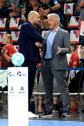 August 27, 2026, GER Germany, Handball, 1st Bundesliga, August 27, 2026, 2026–2027 season, Berlin, Fuechse Berlin vs. Melsungen, Paul Drux, Fuechse Berlin, President Frank Steffel of Fuechse Berlin, talking, discussing, Berlin, Max Schmeling Hall, Berlin, Germany Copyright: xNordphotox xEnglerx