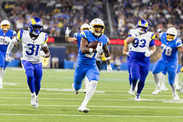 August 27, 2026, Inglewood, California, USA: Los Angeles Chargers Running Back Gregory Desrosiers (31) runs past Los Angeles Rams and scores during an NFL, American Football Herren, USA football preseason game, in Inglewood, Calif. on Thursday August 27, 2026. NHL, Eishockey Herren, USA 2026: LA Rams 20:18 LA Chargers - ZUMAc68_ 20260827_zaf_c68_025 Copyright: xRingoxChiux
