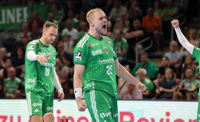 Matthes Langhoff celebrates after scoring a goal: Joy, Emotion, Celebration, Sports, Handball, HBL, Bundesliga, Men s Division 1, Matchday, 2026–2027 Season, August 27, 2026, Füchse Berlin vs. MT Melsungen