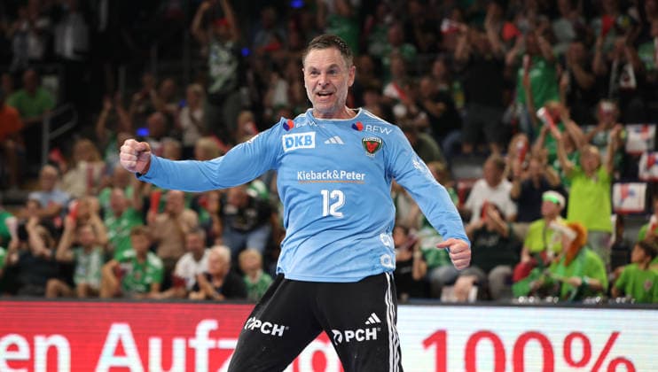 Goalkeeper Andreas Palicka celebrates after scoring his first goal: Joy, Emotion, Celebration, Sports, Handball, HBL Bundesliga Men s 1, Matchday, 2026-2027 Season, August 27, 2026, Füchse Berlin vs. MT Melsungen