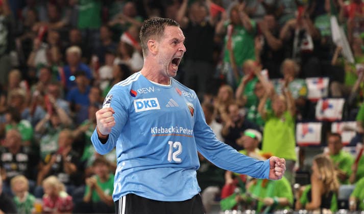 Goalkeeper Andreas Palicka celebrates after scoring his first goal: Joy, Emotion, Celebration, Sports, Handball, HBL Bundesliga Men s 1, Matchday, 2026-2027 Season, August 27, 2026, Füchse Berlin vs. MT Melsungen