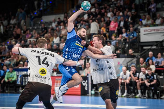 Mohamed Amine Darmoul (TVB Stuttgart), 70, between Gerdas Babarskas (Bergischer HC), 14, and Tom Bergner (Bergischer HC), 28 GER, TVB Stuttgart vs. Bergischer HC, Opel HBL, Handball, Bundesliga, Matchday 1, 2026–2027 season, August 28, 2026 GER, TVB Stuttgart vs. Bergischer HC, Opel HBL, Handball, Bundesliga, Matchday 1, 2026–2027 season, August 28, 2026 Stuttgart Copyright: xSandyxDinkelackerx EP_SDR