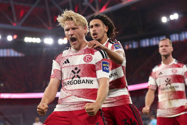 Andreas Mueller of Fortuna Düsseldorf celebrates his goal, which made the score 1–0, during the 3. Liga match between Fortuna Düsseldorf and VfB Stuttgart II at the Merkur Spiel Arena on August 28, 2026, in Düsseldorf, Germany. Photo by Oliver Kaelke, DeFodi Images. Andreas Mueller of Fortuna Düsseldorf celebrates after scoring his team’s first goal during the 3. Liga match between Fortuna Düsseldorf and VfB Stuttgart II at Merkur Spiel Arena on August 28, 2026 in Düsseldorf, Germany. Photo by Oliver Kaelke, DeFodi Images. DFB and DFL regulations prohibit any use of photographs as image sequences and or quasi-video. Photo by Oliver Kaelke, DeFodi Images.