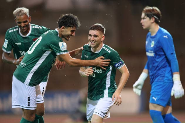 August 28, 2026, Men s, Soccer, 2026–2027 season, Bavarian Regional League, Matchday 6: 1 FC Schweinfurt 1905 vs. SpVgg Greuther Fürth II. Berkay Öztürk (40), 1 FC Schweinfurt 1905, Michael Dellinger 10, 1 FC Schweinfurt 1905, and Philipp Hack 7, 1 FC Schweinfurt 1905 celebrate the 4–0 victory; Theo Menapace 1, SpVgg Greuther Fürth II is defeated; Schweinfurt, Sachs Stadium, Bavaria, Germany