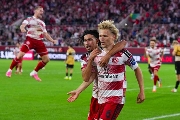 August 28, 2026, xydrx, Soccer, 3rd Division, Fortuna Düsseldorf vs. VfB Stuttgart II, 2026–2027 Season, Merkur Spiel Arena: Celebrations after Fortuna Düsseldorf’s 1–0 goal scored by Andreas Mueller (Fortuna Düsseldorf, 6), alongside Anas Slimani (Fortuna Düsseldorf, 34). DFB regulations prohibit any use of photographs as image sequences and or quasi-video. Copyright: HMBxMedia YannisxDreimann