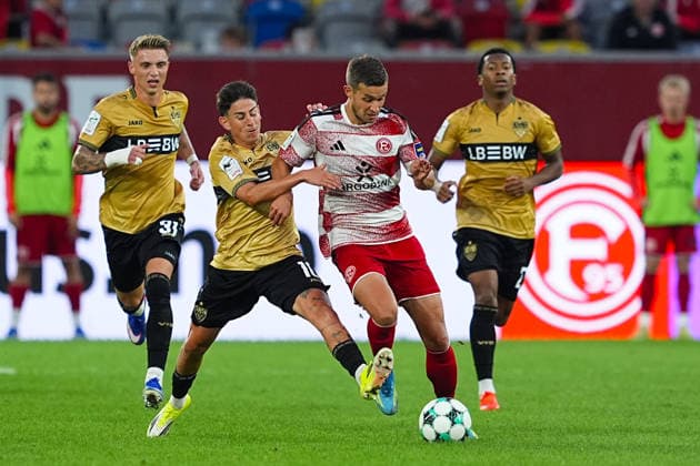 August 28, 2026, xydrx, Soccer, 3rd Division, Fortuna Düsseldorf vs. VfB Stuttgart II, 2026–2027 season, Merkur Spiel Arena, Nicolas Sessa (VfB Stuttgart II), No. 10 in a tackle against Tim Oberdorf (Fortuna Düsseldorf), No. 15. DFB regulations prohibit any use of photographs as image sequences and or quasi-video. Copyright: HMBxMedia YannisxDreimann