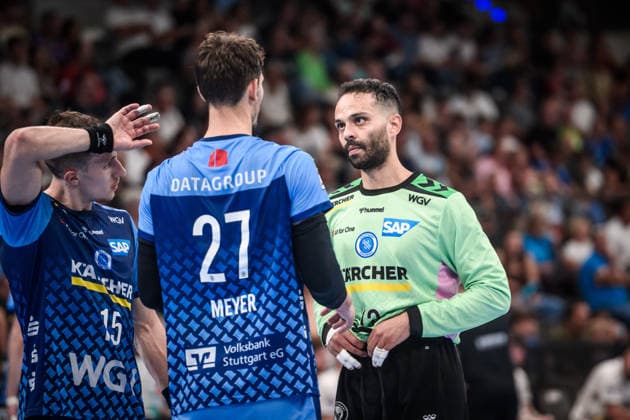 Mohamed Essam Moustafa El Tayar, TVB Stuttgart, 12, with Philipp Meyer, TVB Stuttgart, 27; on the left, Simone Mengon, TVB Stuttgart, 15; GER, TVB Stuttgart vs. Bergischer HC, Opel HBL, Handball, Bundesliga, Matchday 1, 2026–2027 season, August 28, 2026 GER, TVB Stuttgart Bergischer HC, Opel HBL, Handball, Bundesliga, Matchday 1, 2026–2027 season, August 28, 2026, Stuttgart Copyright: xSandyxDinkelackerx EP_SDR