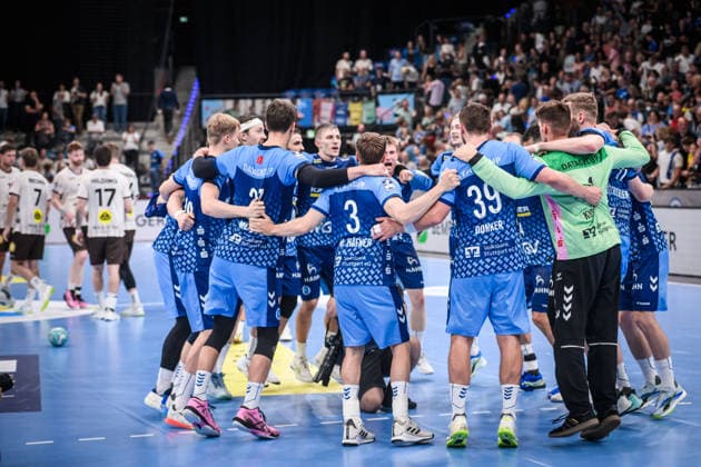 Celebrations, victory dances, and joy at TVB Stuttgart following a home win in Stuttgart, Germany; TVB Stuttgart vs. Bergischer HC, Opel HBL, handball, Bundesliga, Matchday 1, 2026–2027 season, August 28, 2026 GER, TVB Stuttgart vs. Bergischer HC, Opel HBL, Handball, Bundesliga, Matchday 1, 2026–2027 season, August 28, 2026 Stuttgart Copyright: xSandyxDinkelackerx EP_SDR