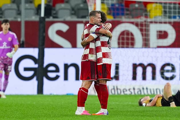 August 28, 2026, xydrx, Soccer, 3rd Division, Fortuna Düsseldorf vs. VfB Stuttgart II, 2026–2027 season, Merkur Spiel Arena: Eric Hottmann (Fortuna Düsseldorf), 9, and Fabian Schleusener (Fortuna Düsseldorf), 24, celebrate the victory. DFB regulations prohibit any use of photographs as image sequences and or quasi-video. Copyright: HMBxMedia YannisxDreimann